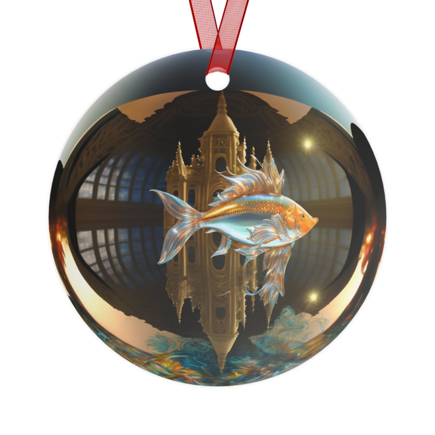 The Teafaerie: transparent spherical glass Christmas bauble with a real goldfish swimming inside of it. The glass is translucent and iridescent and reflective. There is a castle. Metal Ornament