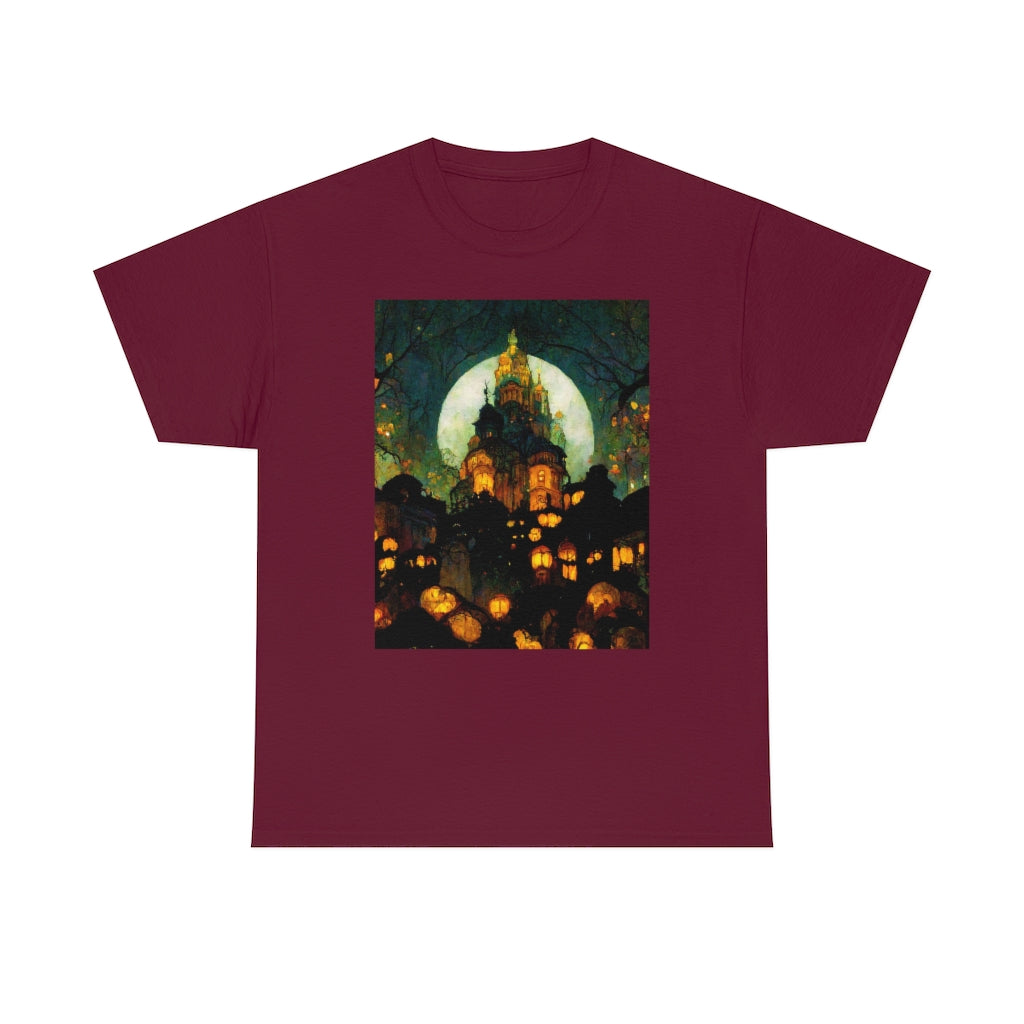 street-level_view_of_halloween_town_at_night_by_alphonse_mucha - Unisex Heavy Cotton Tee