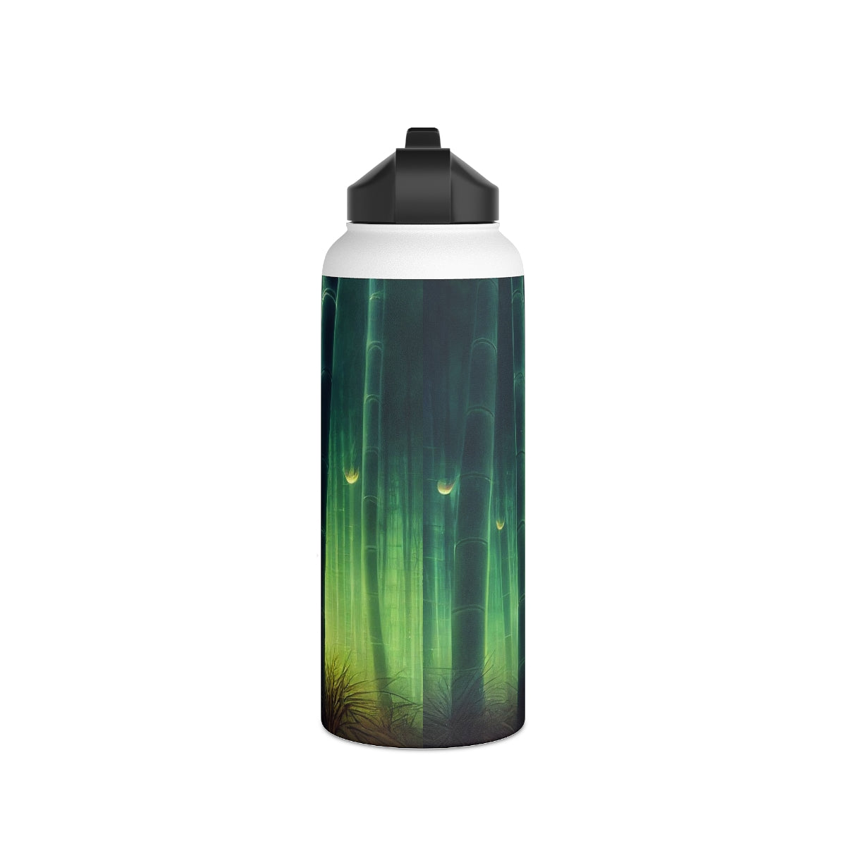 Stainless Steel Water Bottle, Standard Lid - psychedelic bamboo grove, causeway, fireflies, fantasy, intricate detail, illusion, mist, beautiful, hyper-realistic, breathtaking, ghostly figure, majestic, magic colour palette, low angle, unreal engine