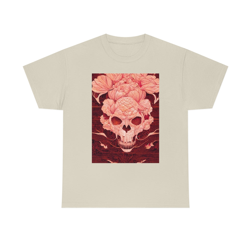 tiling pattern on wood panel of small skulls and vivid roses, gouache illustration - Unisex Heavy Cotton Tee