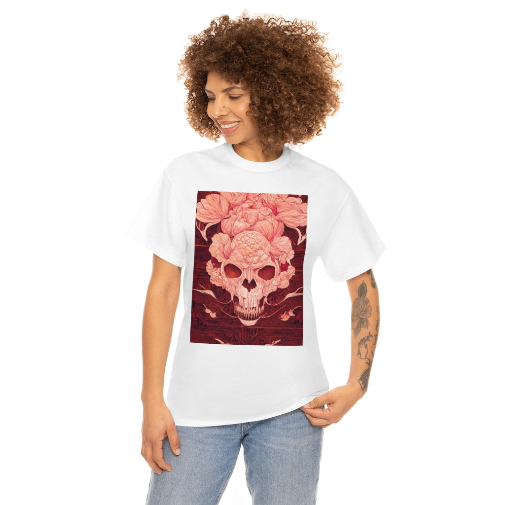 tiling pattern on wood panel of small skulls and vivid roses, gouache illustration - Unisex Heavy Cotton Tee