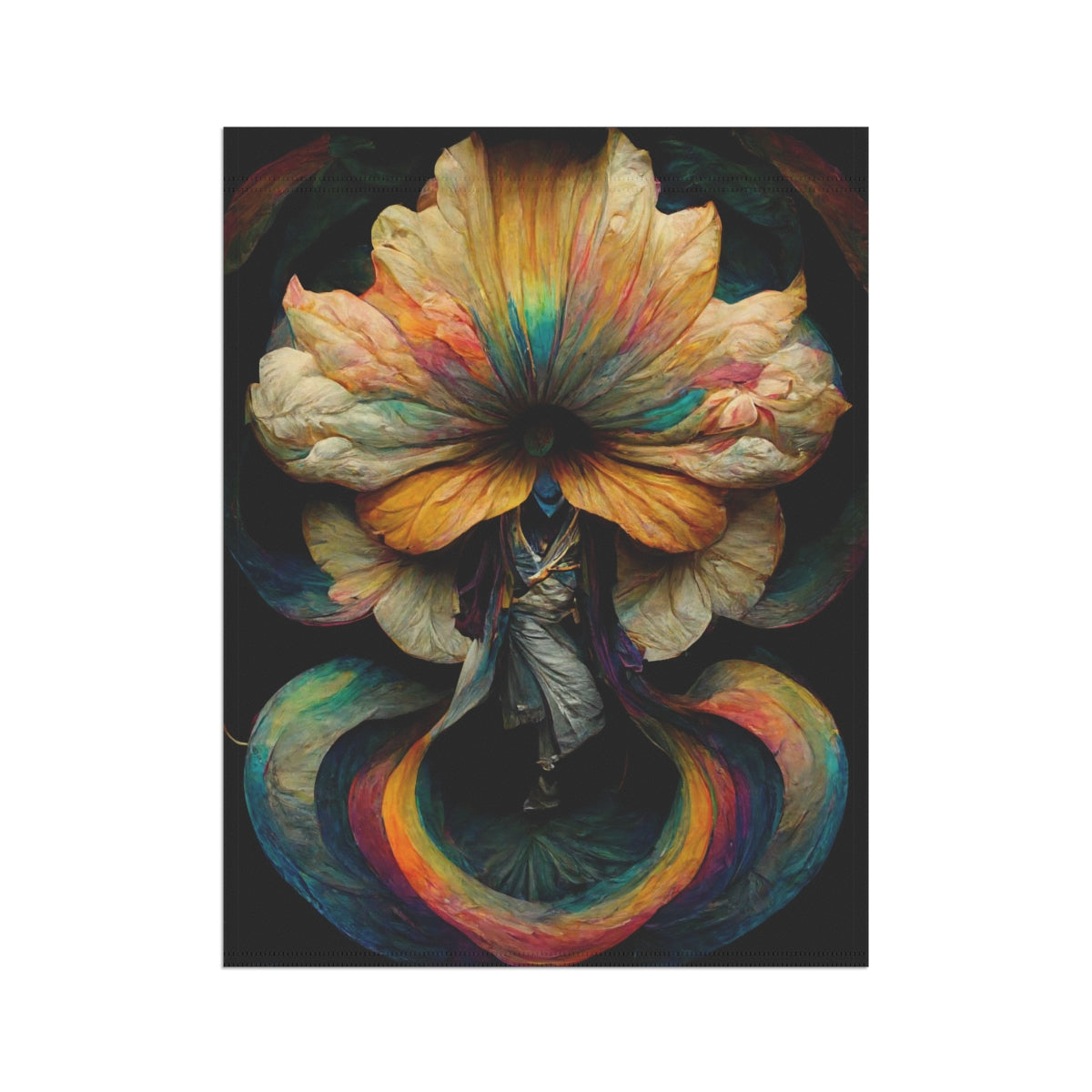 God of Psychedelics dancing in a vortex made of flowers