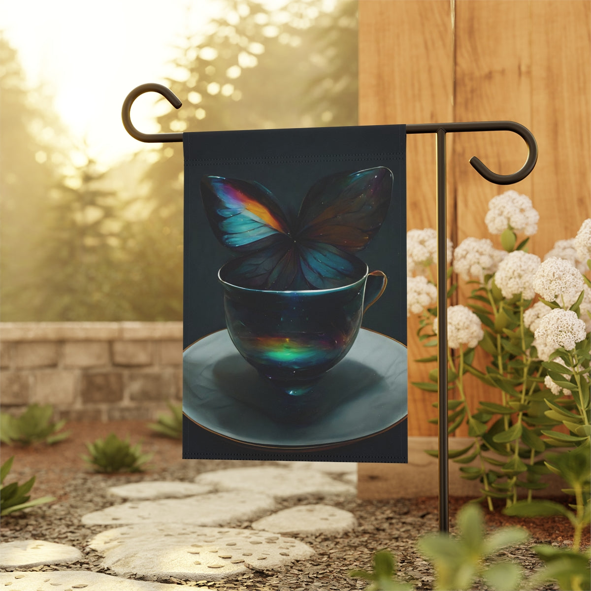 an iridescent teacup with rainbow butterfly wings behind it