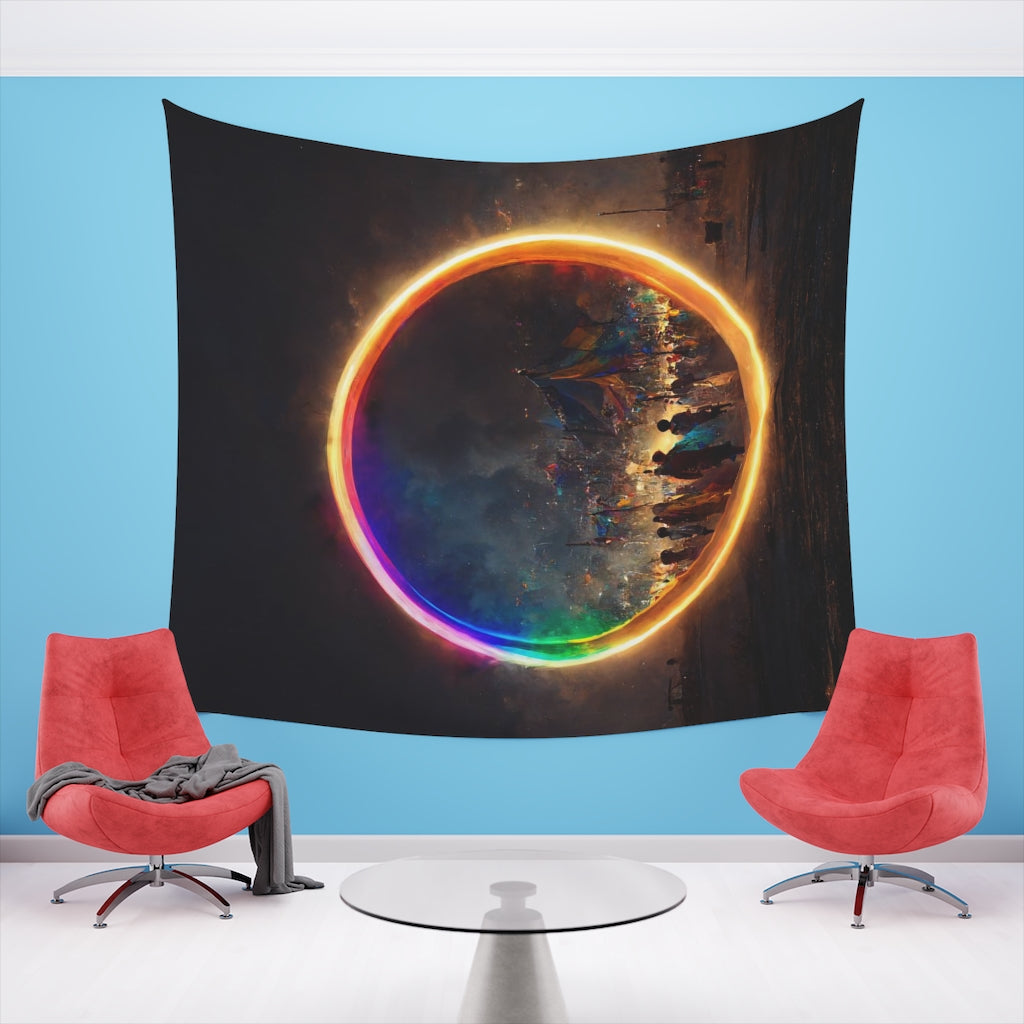 a bright rainbow circle of magic at burning man, cinematic - Printed Wall Tapestry