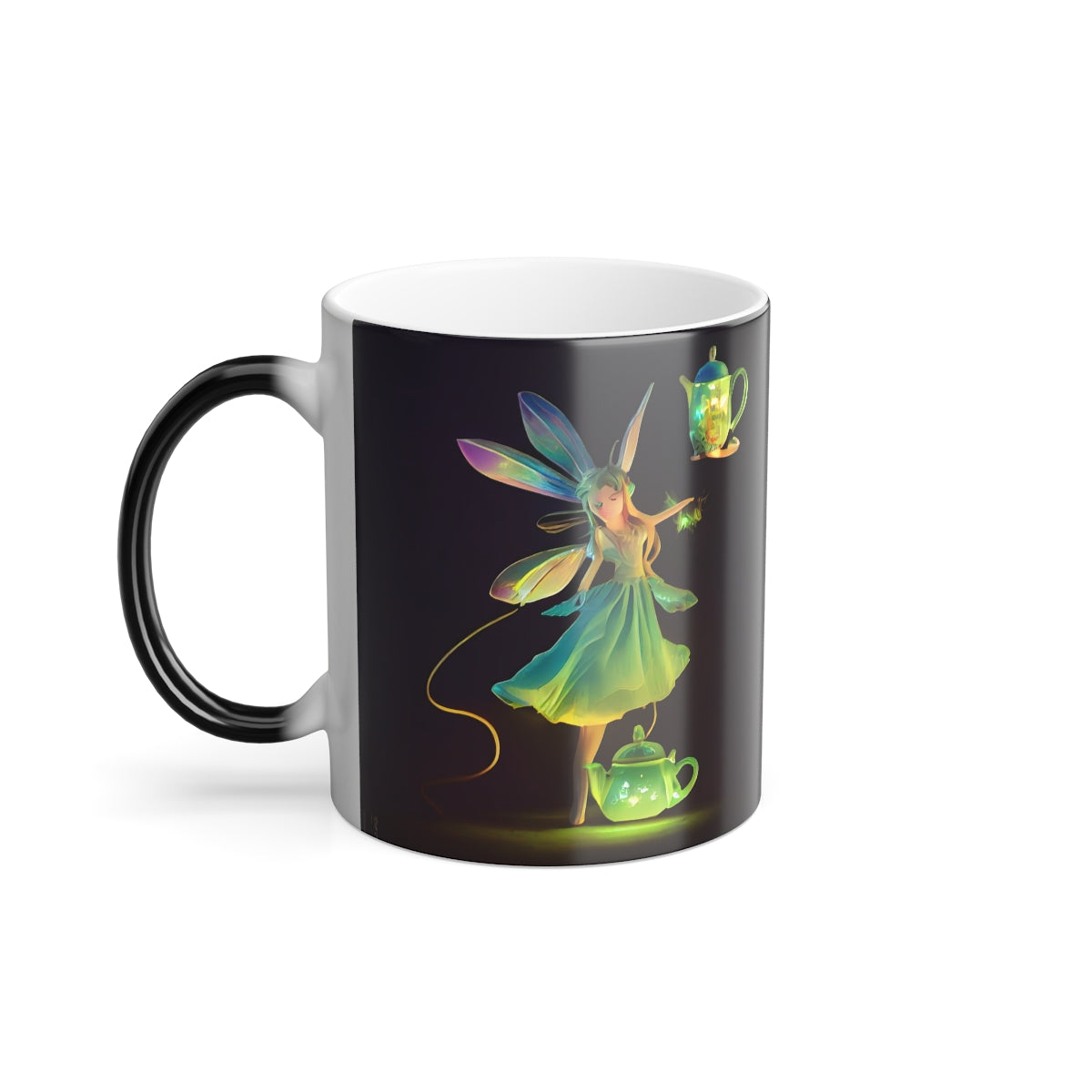 product shot of a super cute warhammer tea faerie, wearing a light dress, brandishing a teapot - Color Morphing Mug, 11oz