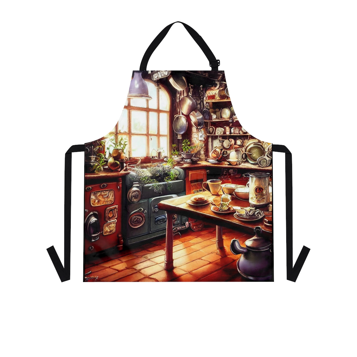 whimsical fantasy cottage kitchen, pot on the stove, bottles and jars, hanging herbs, charming, quaint, 8k, detailed and ultra realistic, fantasy - Apron