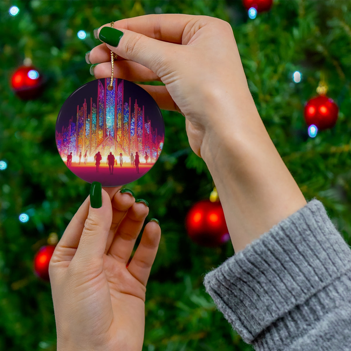 stained glass cathedral at burning man at night - Ceramic Ornament, 4 Shapes