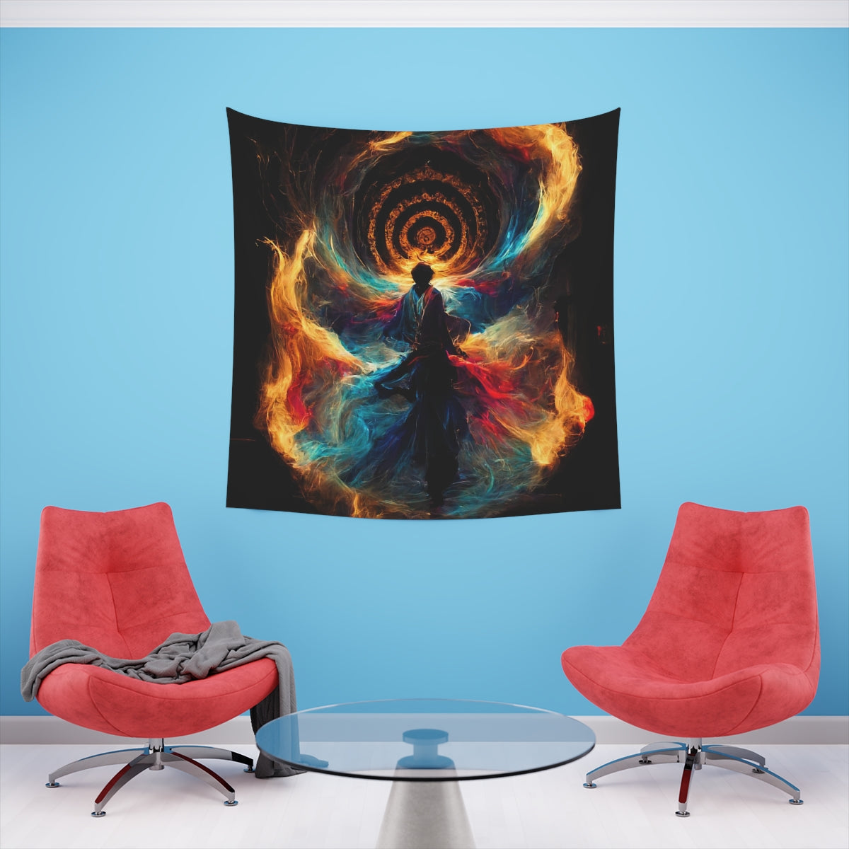 god of psychedelics dancing in a vortex made of fire - Indoor Wall Tapestries