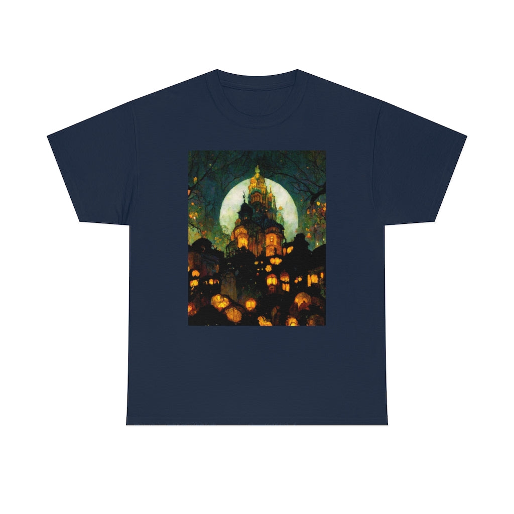 street-level_view_of_halloween_town_at_night_by_alphonse_mucha - Unisex Heavy Cotton Tee