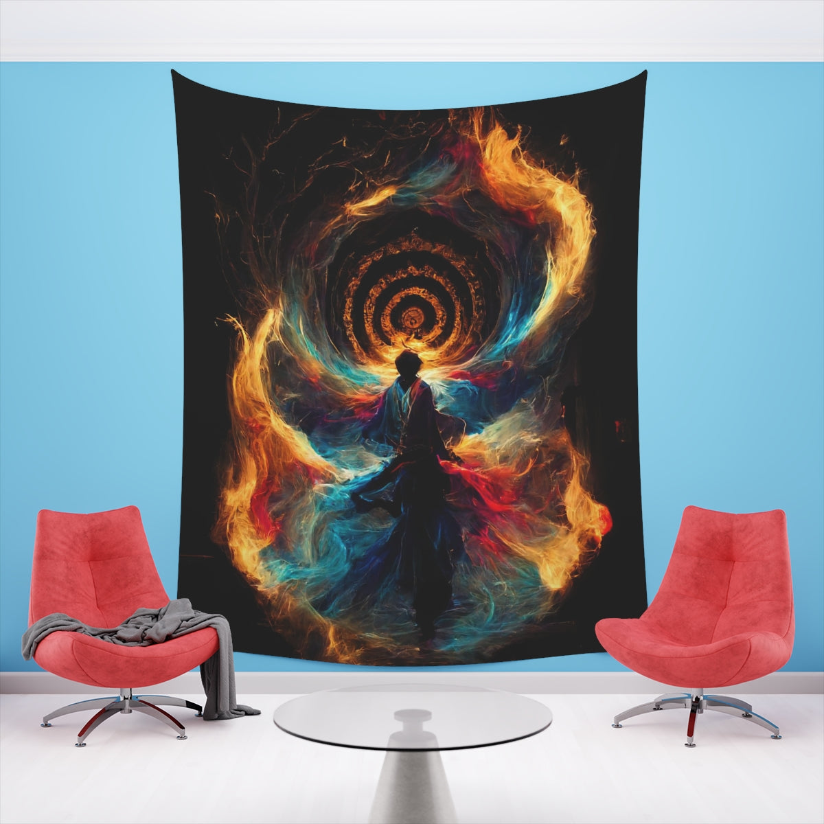 god of psychedelics dancing in a vortex made of fire - Indoor Wall Tapestries