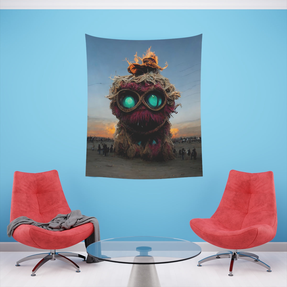 giant muppet monster rampaging at burning man - Indoor Wall Tapestries