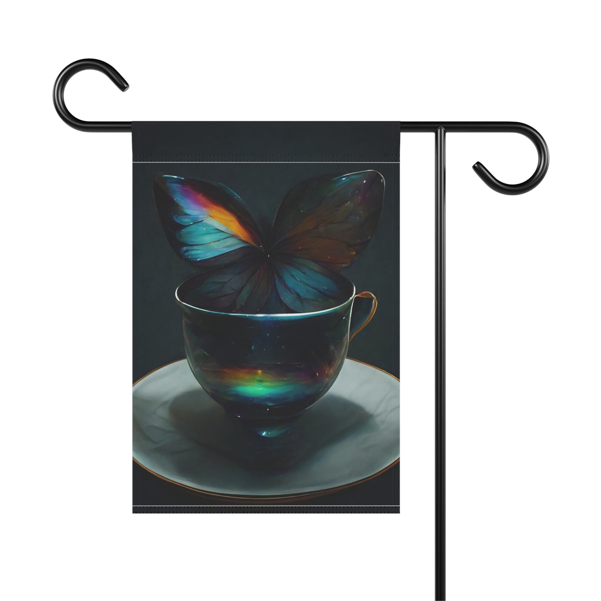 an iridescent teacup with rainbow butterfly wings behind it