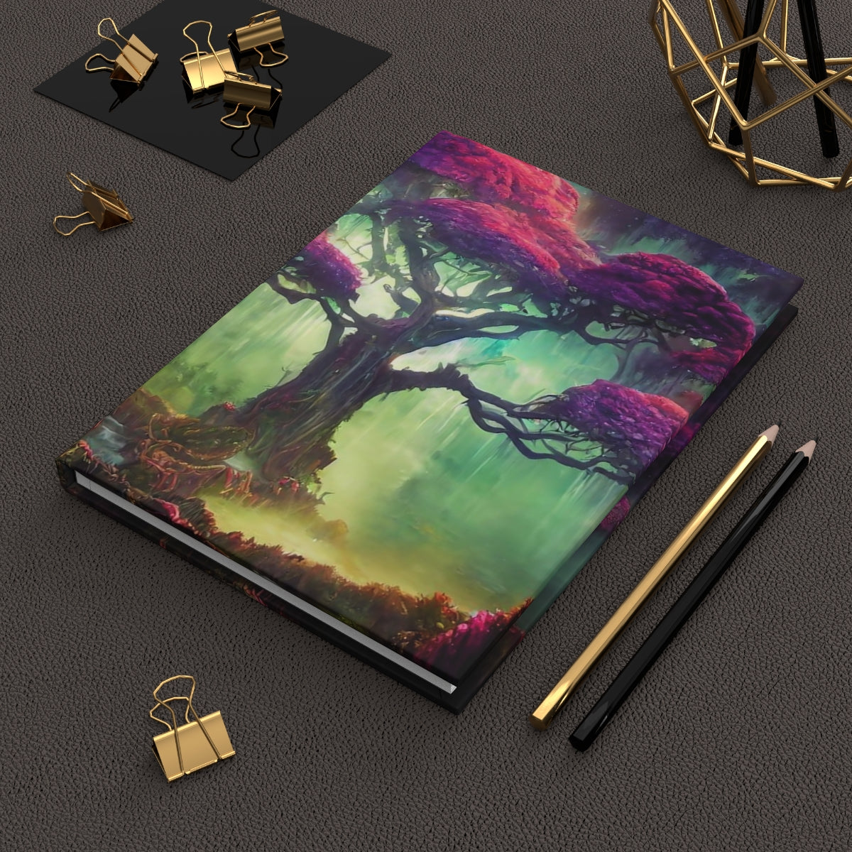 beautiful magical fantasy, massive ancient gnarled tree forest, multi-colored lights, background waterfall cascading - Hardcover Journal Matte