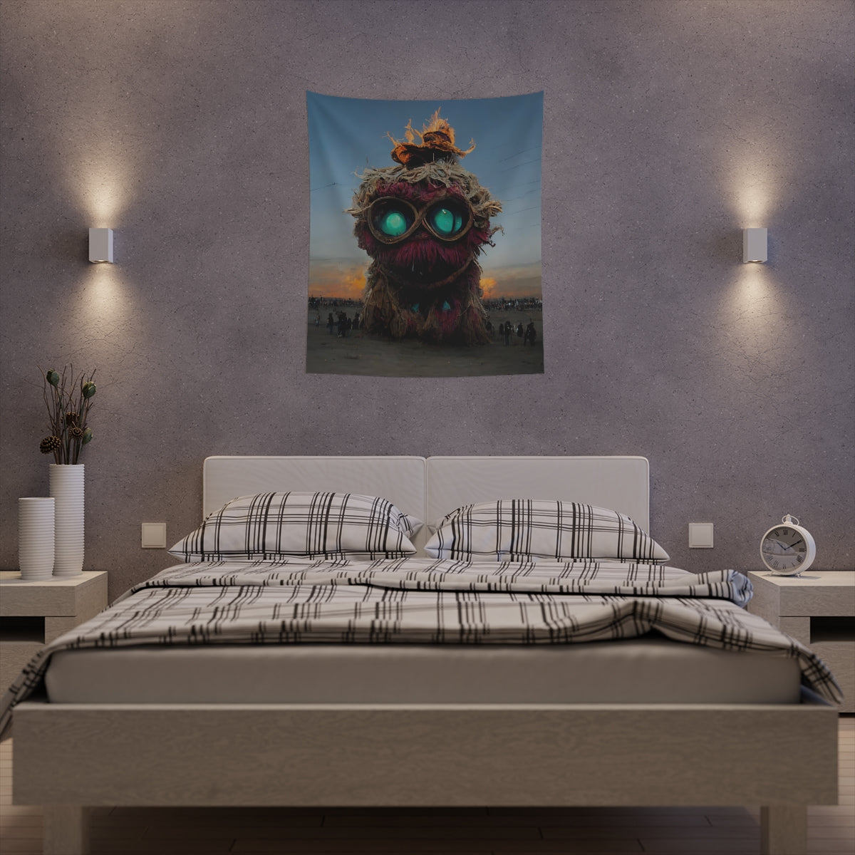 giant muppet monster rampaging at burning man - Indoor Wall Tapestries