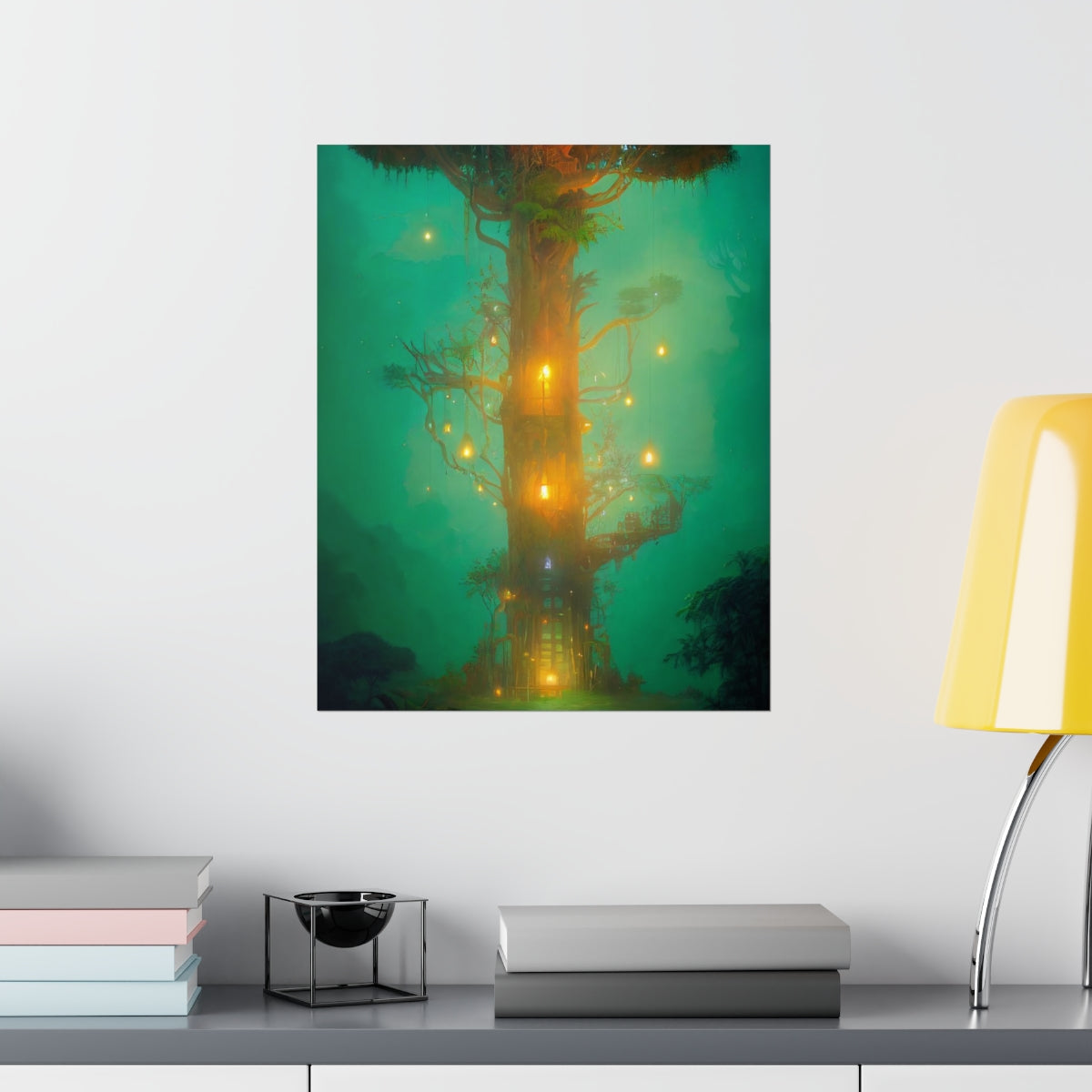 Premium Matte vertical posters - mystical treehouse surrounded by exotic plants and fireflies, jungle fog at sunset, cinematic lighting