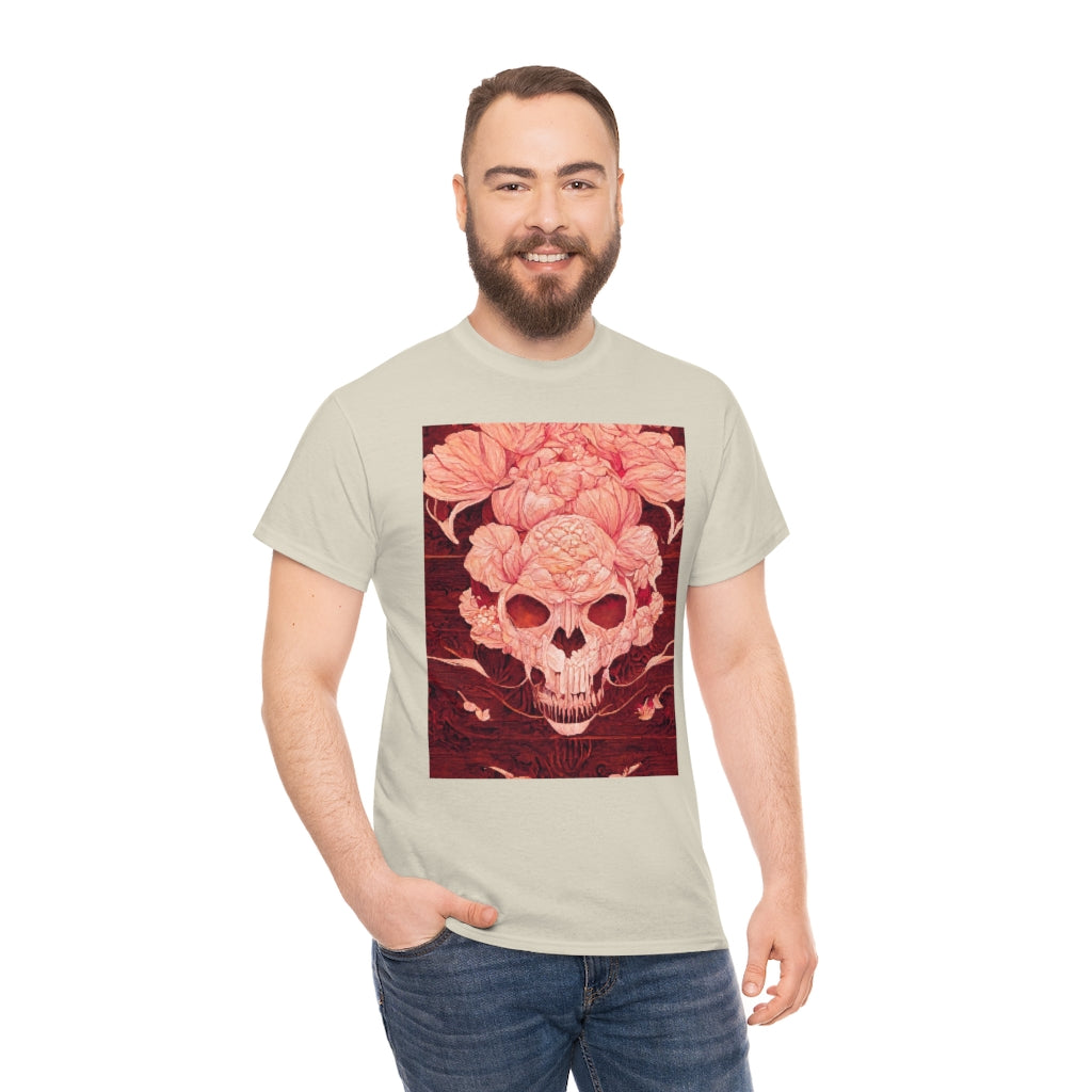 tiling pattern on wood panel of small skulls and vivid roses, gouache illustration - Unisex Heavy Cotton Tee