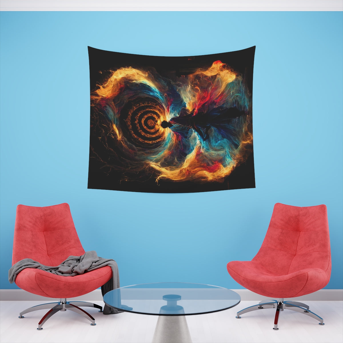 god of psychedelics dancing in a vortex made of fire - Indoor Wall Tapestries