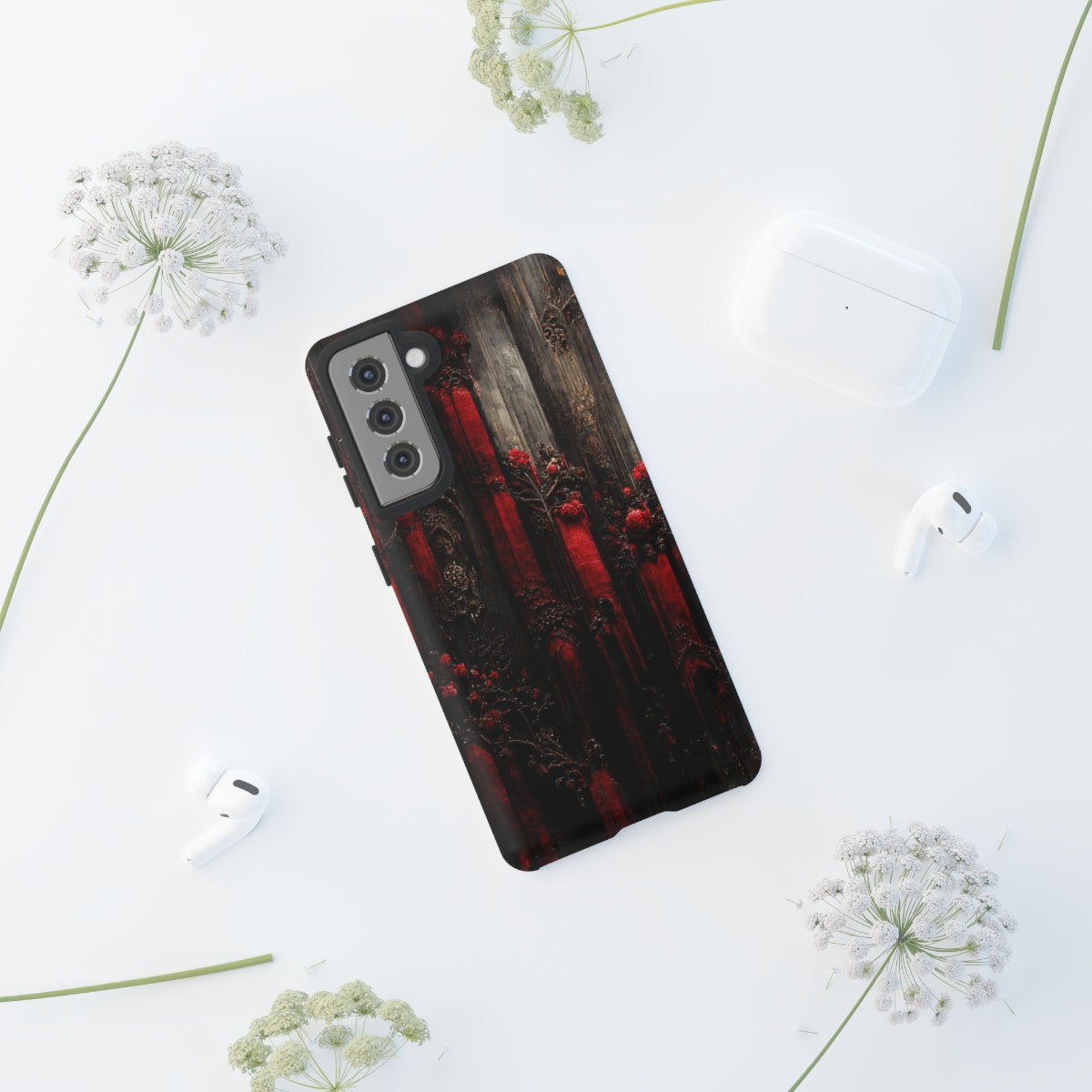 phone case - wall paper texture of red and black gothic painting octane rendering cinematic wooden detailed design frame