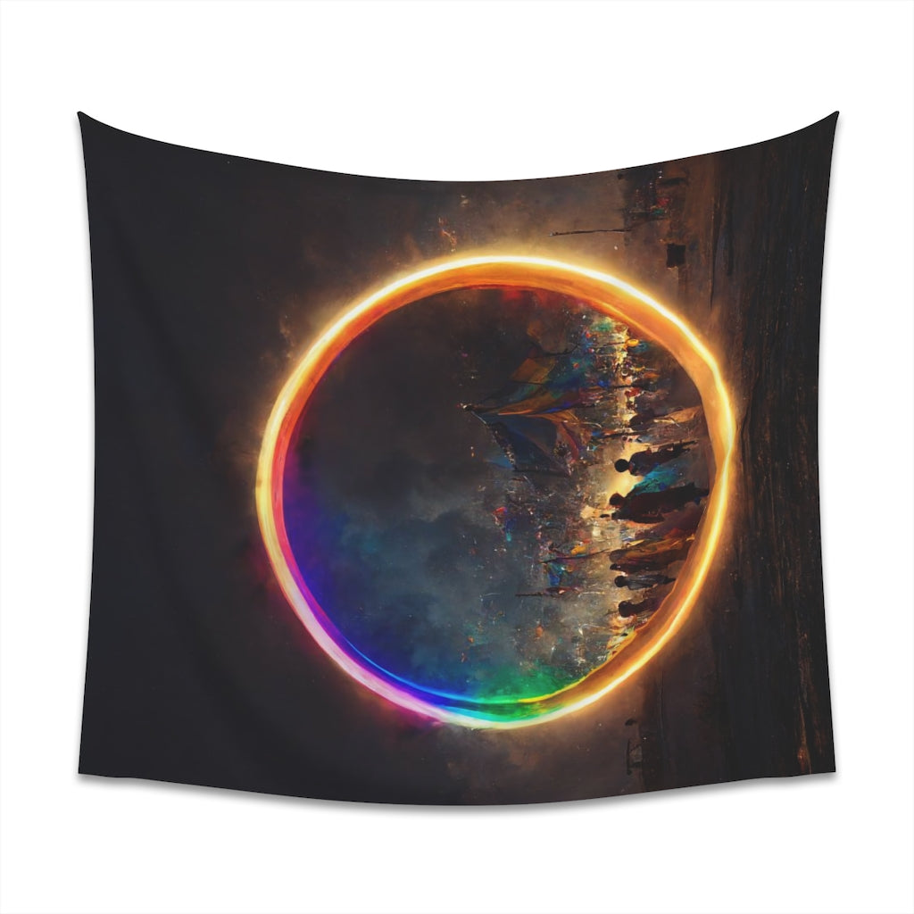 a bright rainbow circle of magic at burning man, cinematic - Printed Wall Tapestry