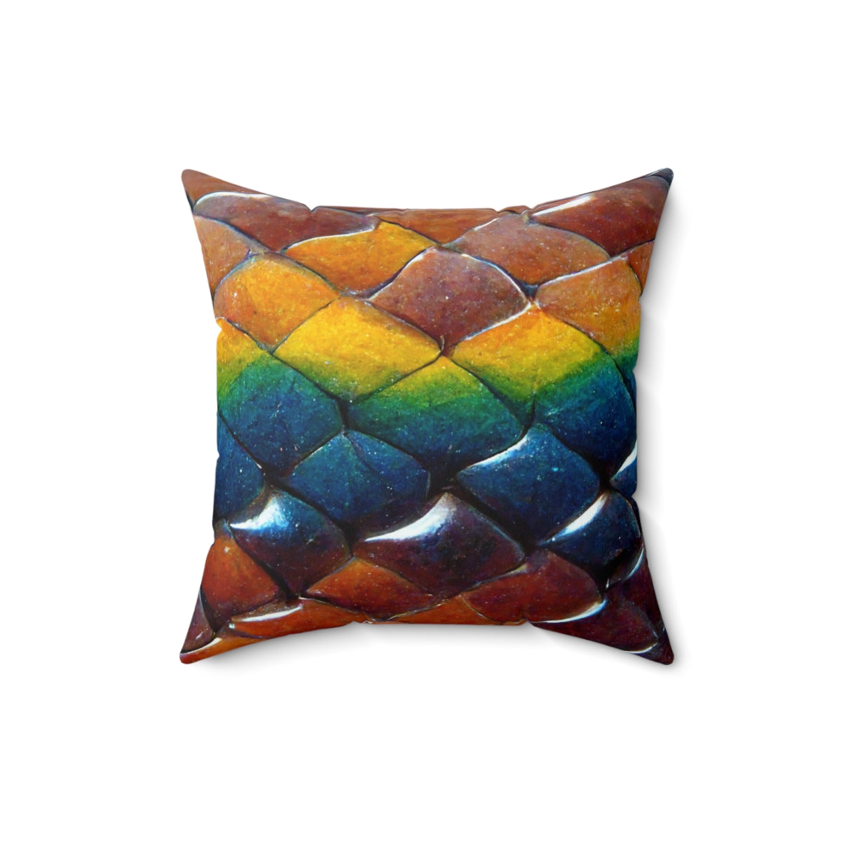 Spun Polyester Square Pillow - a tiling pattern of rainbow snake scales diamond shape