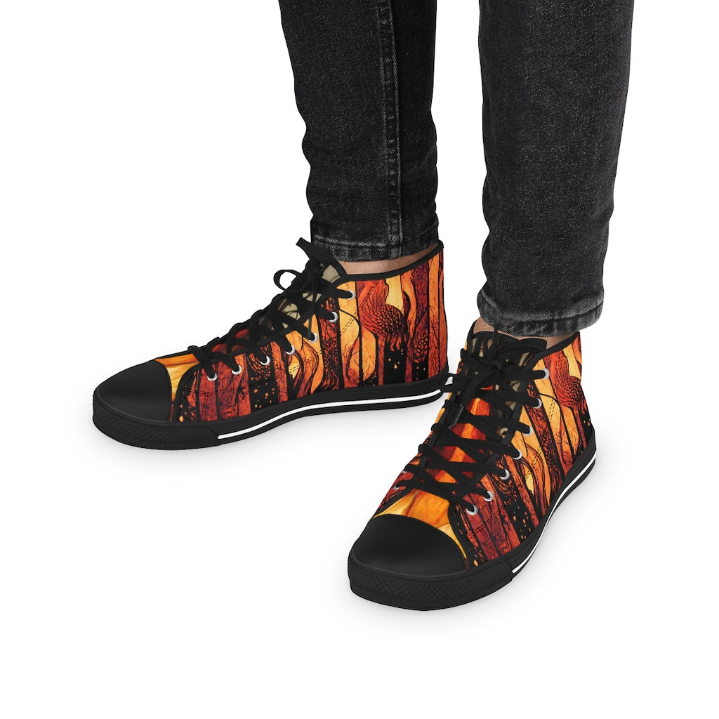 tiling pattern on wood panel of black flames - Men's High Top Sneakers