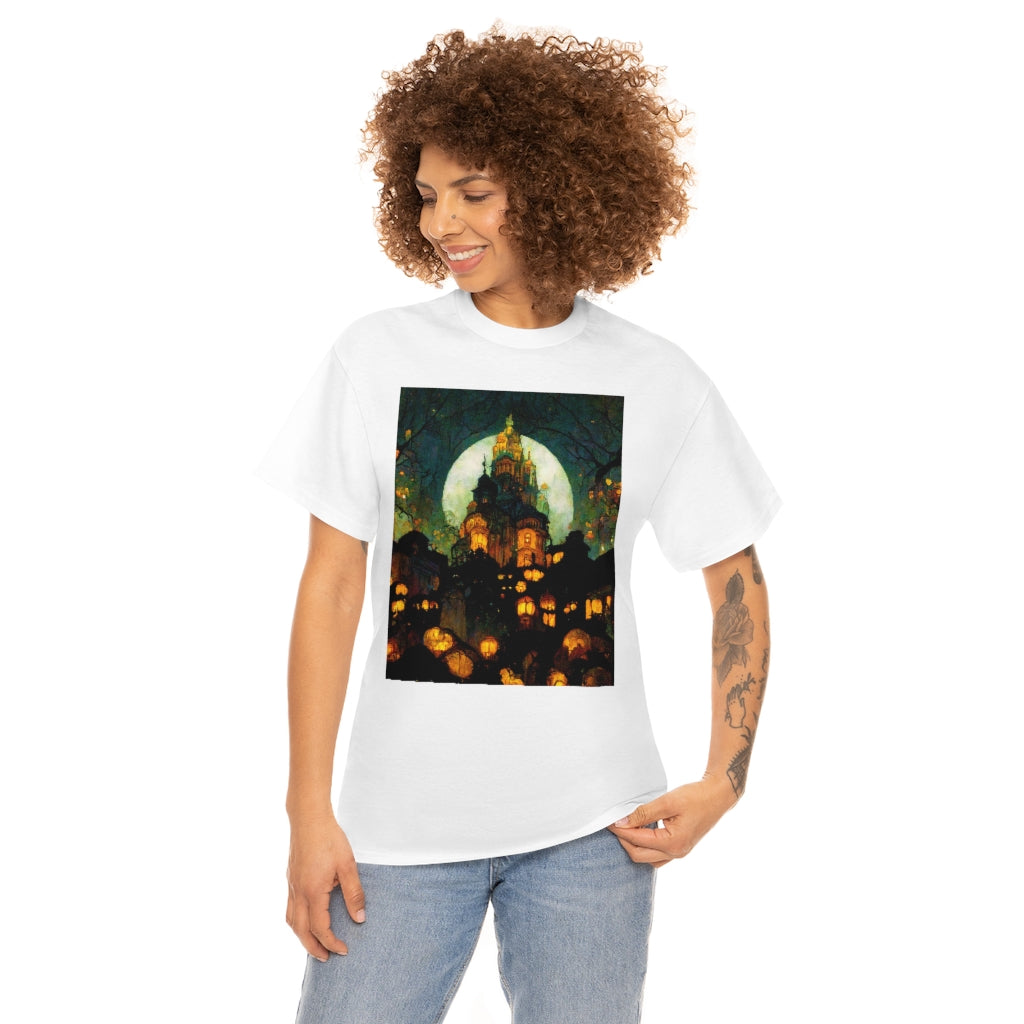 street-level_view_of_halloween_town_at_night_by_alphonse_mucha - Unisex Heavy Cotton Tee