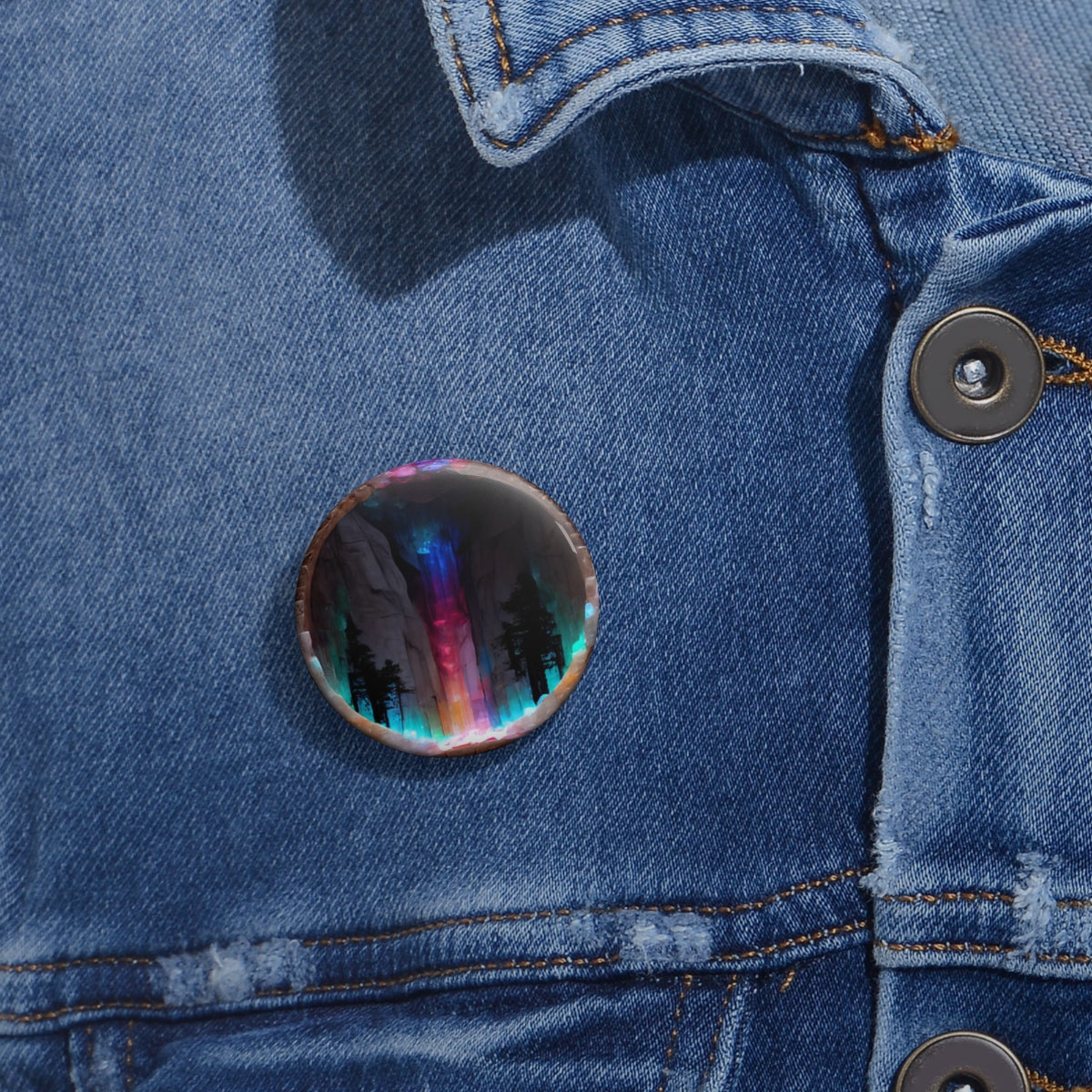 Pin Buttons - psychedelic portal to yosemite made of gemstones and glowing runes