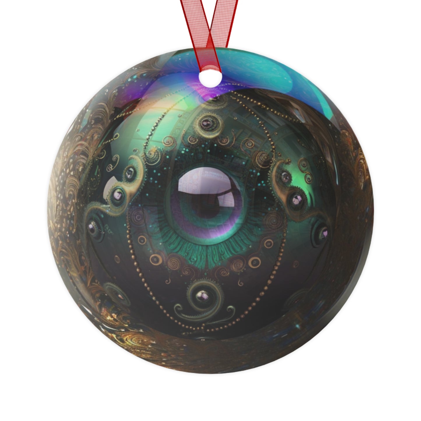 The Teafaerie: A spherical glass Christmas bauble with. The glass is translucent and iridescent. There is a large eyeball inside of it and there are elaborately ornate tentacle shapes embellishments decorating the outside. Metal Ornament