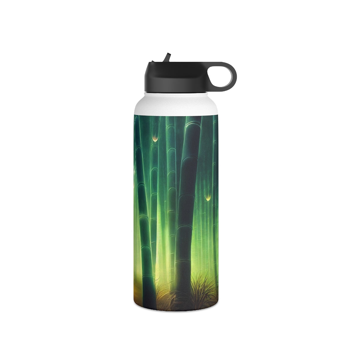 Stainless Steel Water Bottle, Standard Lid - psychedelic bamboo grove, causeway, fireflies, fantasy, intricate detail, illusion, mist, beautiful, hyper-realistic, breathtaking, ghostly figure, majestic, magic colour palette, low angle, unreal engine