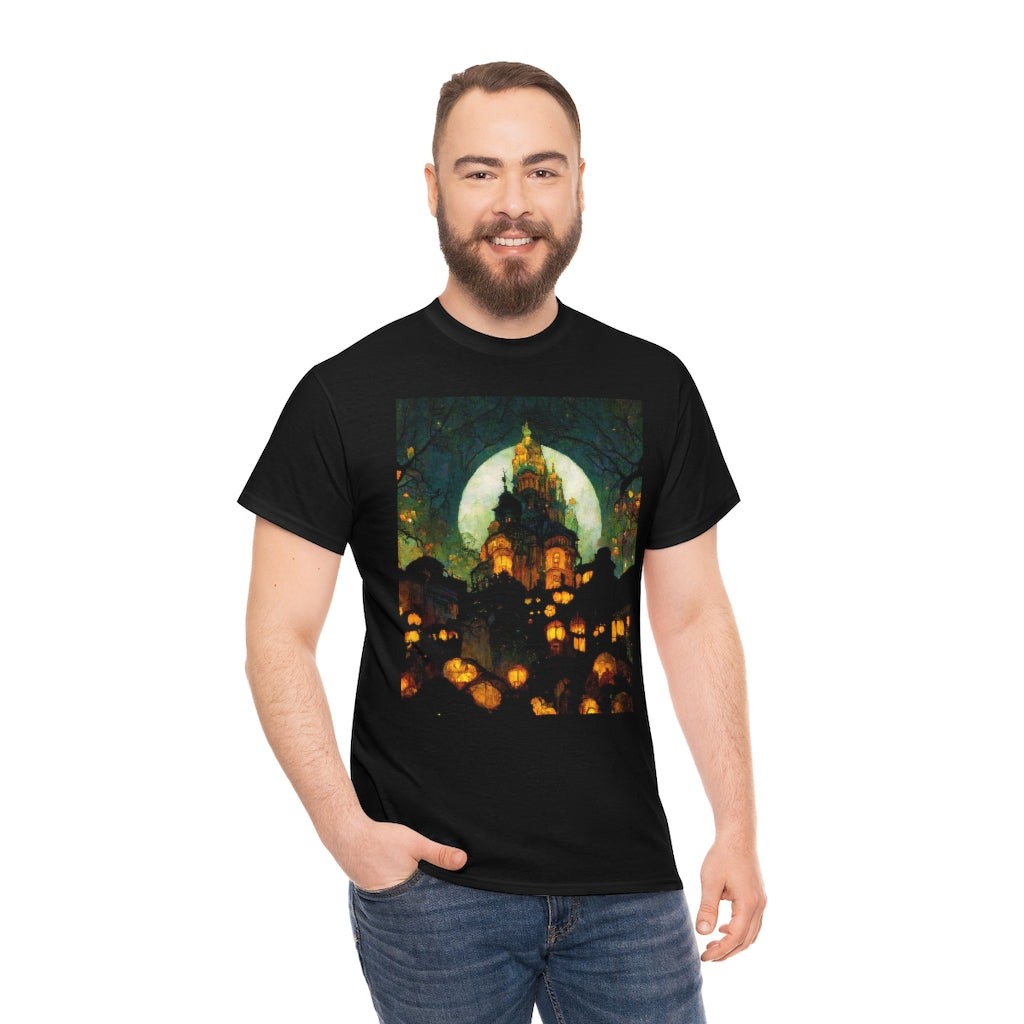 street-level_view_of_halloween_town_at_night_by_alphonse_mucha - Unisex Heavy Cotton Tee