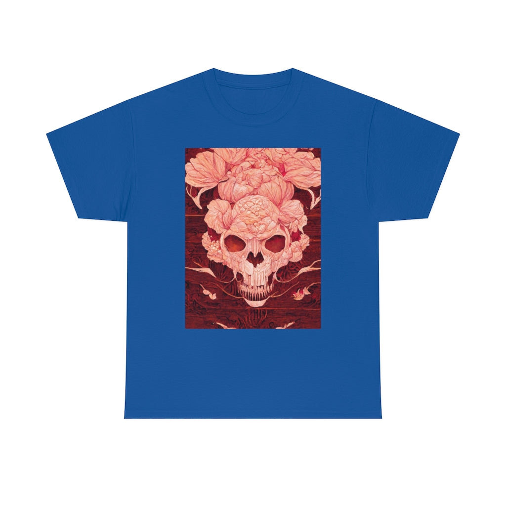 tiling pattern on wood panel of small skulls and vivid roses, gouache illustration - Unisex Heavy Cotton Tee