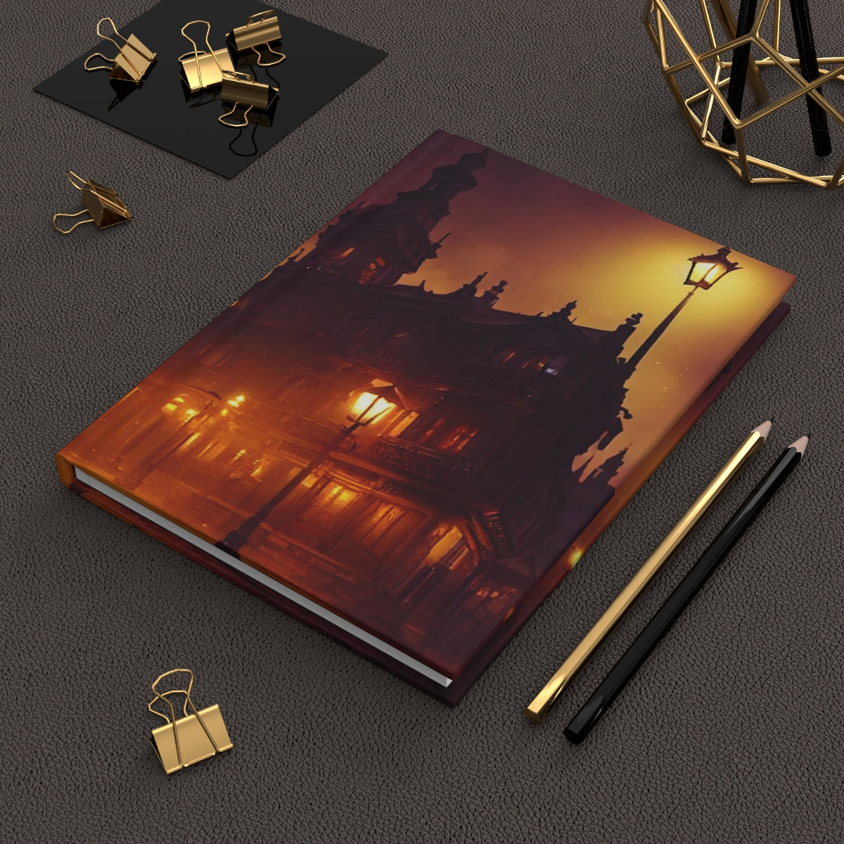 fantasy scene, old victorian city, many details, dark fantasy, sparkle, lights, Grimdark, ornate, Intricate details, unreal engine, 8k - Hardcover Journal Matte