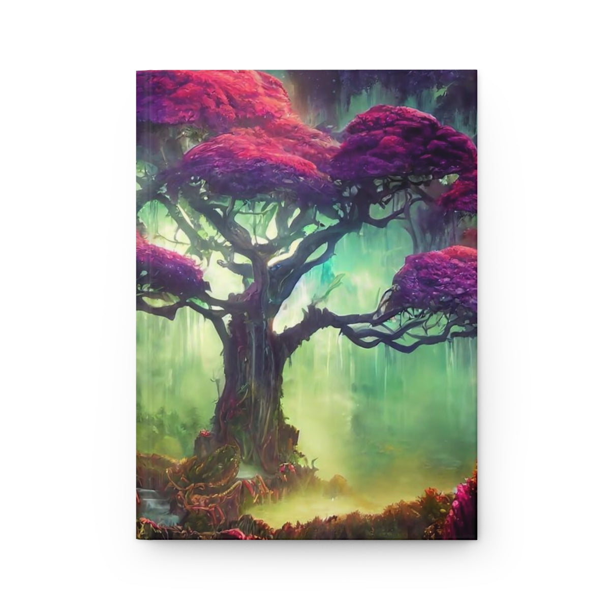 beautiful magical fantasy, massive ancient gnarled tree forest, multi-colored lights, background waterfall cascading - Hardcover Journal Matte