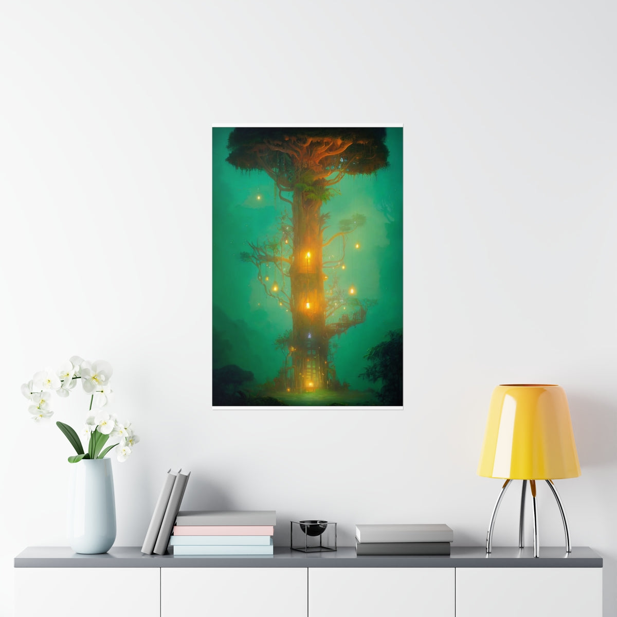 Premium Matte vertical posters - mystical treehouse surrounded by exotic plants and fireflies, jungle fog at sunset, cinematic lighting