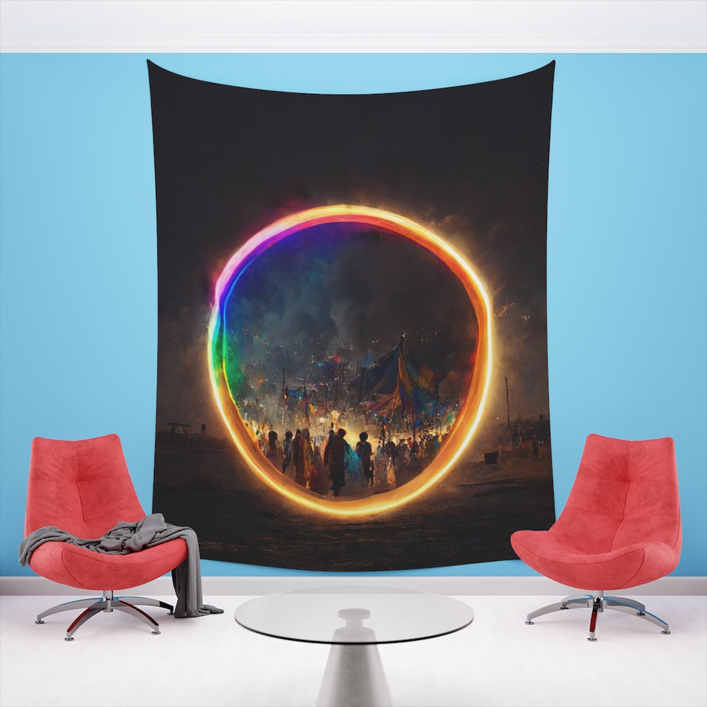 a bright rainbow circle of magic at burning man, cinematic - Printed Wall Tapestry