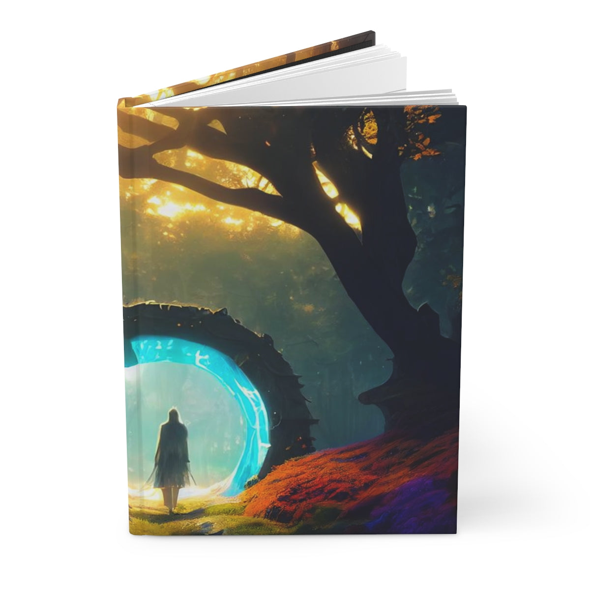 a glowing magical stargate portal, leading from summertime into autumn, in a fantasy fairytale dream forest, hyperdetailed - Hardcover Journal Matte