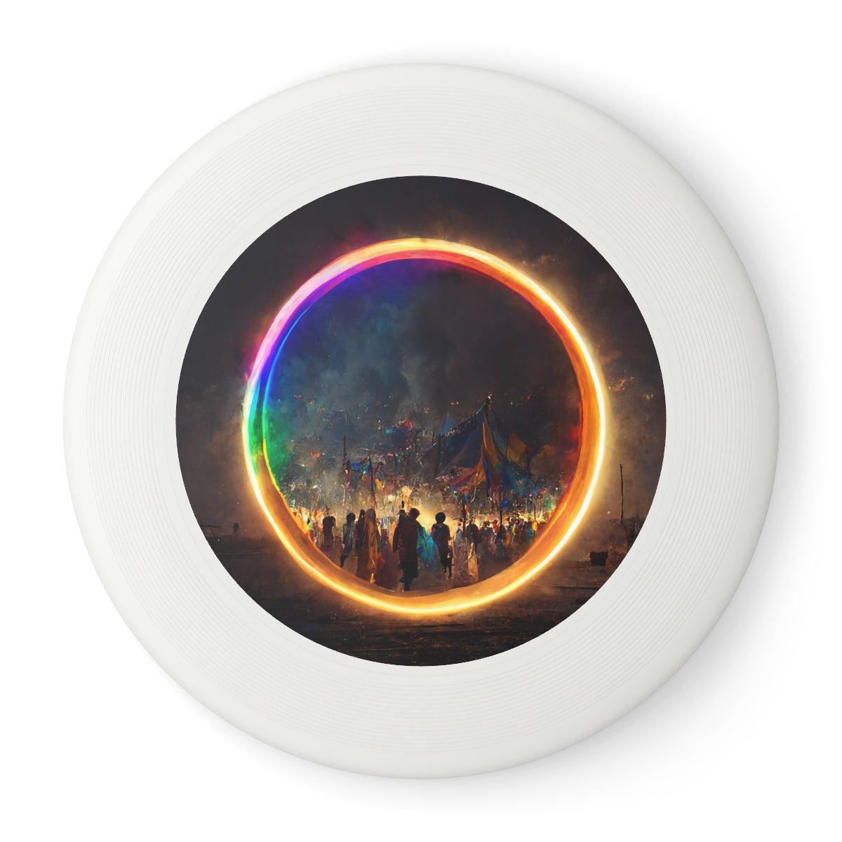 a bright rainbow circle of magic at burning man, cinematic, realistic, intricate detail, finely detailed, small details, extra detail, photorealistic - Wham-O Frisbee