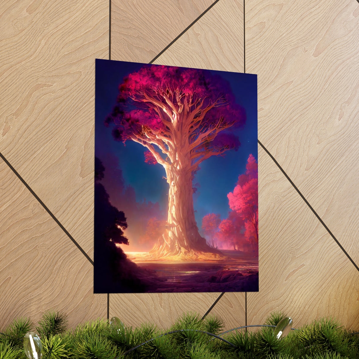 Premium Matte vertical posters - gate to a psychedelic realm, giant tree, light, highly detailed, immersive, volumetric light, detailed concept art