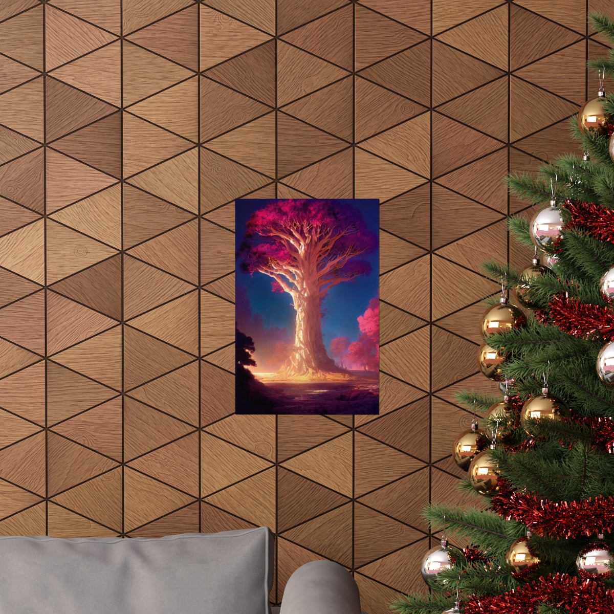 Premium Matte vertical posters - gate to a psychedelic realm, giant tree, light, highly detailed, immersive, volumetric light, detailed concept art