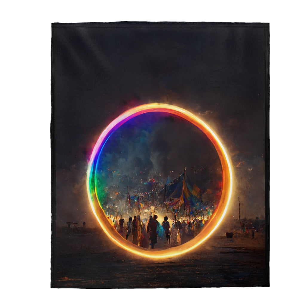 a bright rainbow circle of magic at burning man, cinematic - Velveteen Plush Blanket