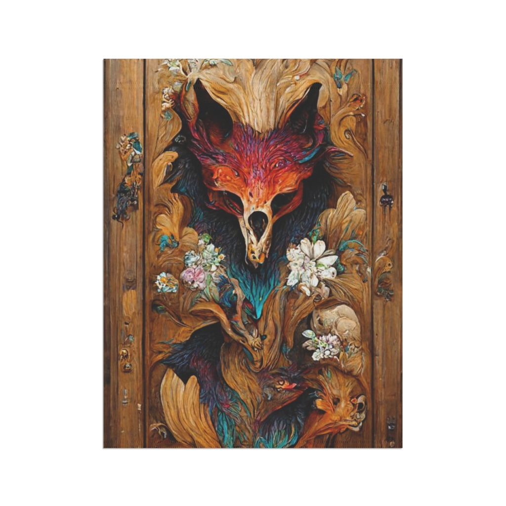 intricate colourfully painted carved wood paneling, fox and ravens, flowerpunk mythology, many hues, artstation - Garden & House Banner