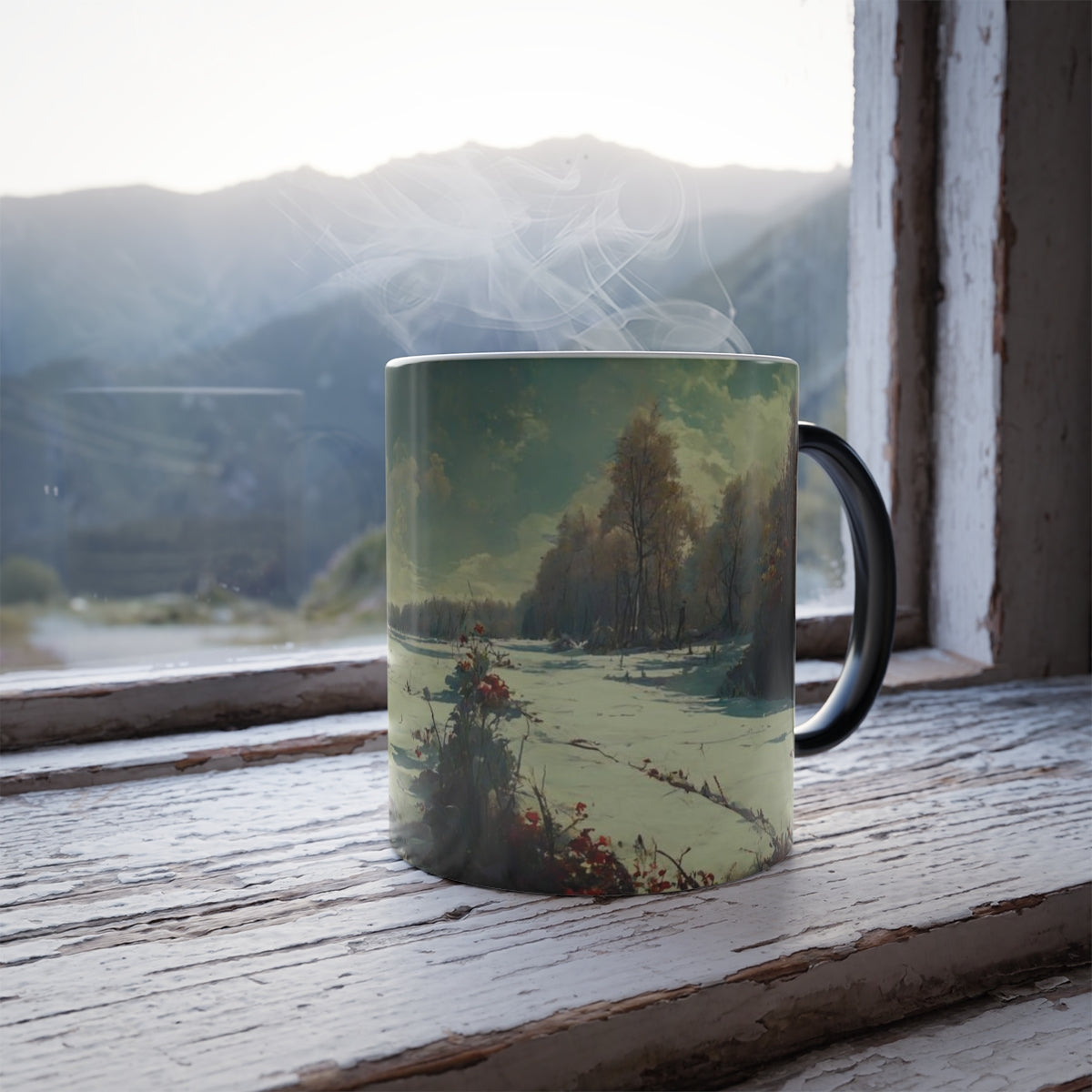 winter landscape, detailed, pastoral theme, flora, fauna, by alphonse mucha - Color Morphing Mug, 11oz