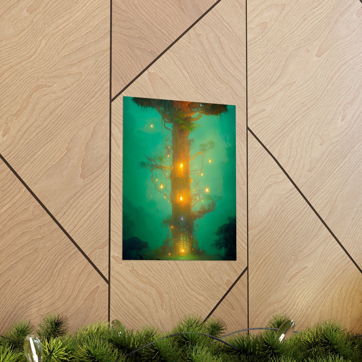 Premium Matte vertical posters - mystical treehouse surrounded by exotic plants and fireflies, jungle fog at sunset, cinematic lighting