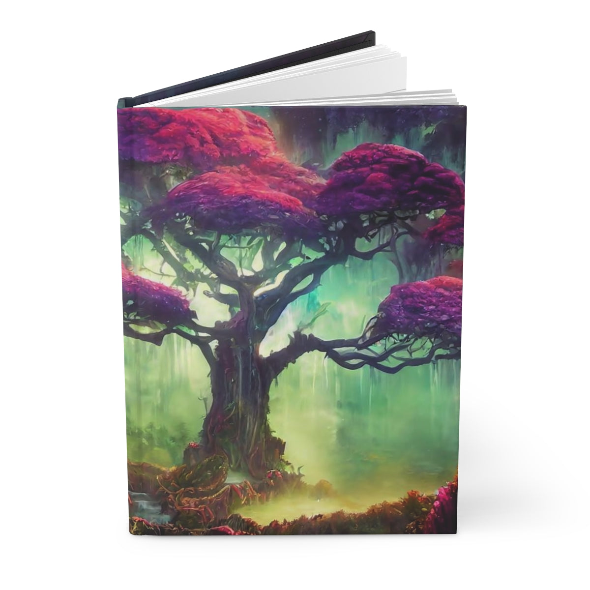 beautiful magical fantasy, massive ancient gnarled tree forest, multi-colored lights, background waterfall cascading - Hardcover Journal Matte