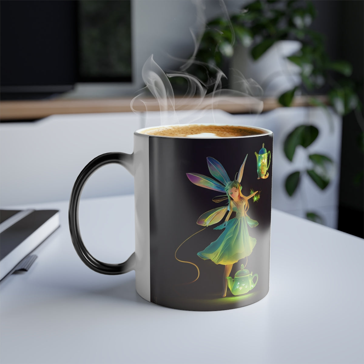 product shot of a super cute warhammer tea faerie, wearing a light dress, brandishing a teapot - Color Morphing Mug, 11oz