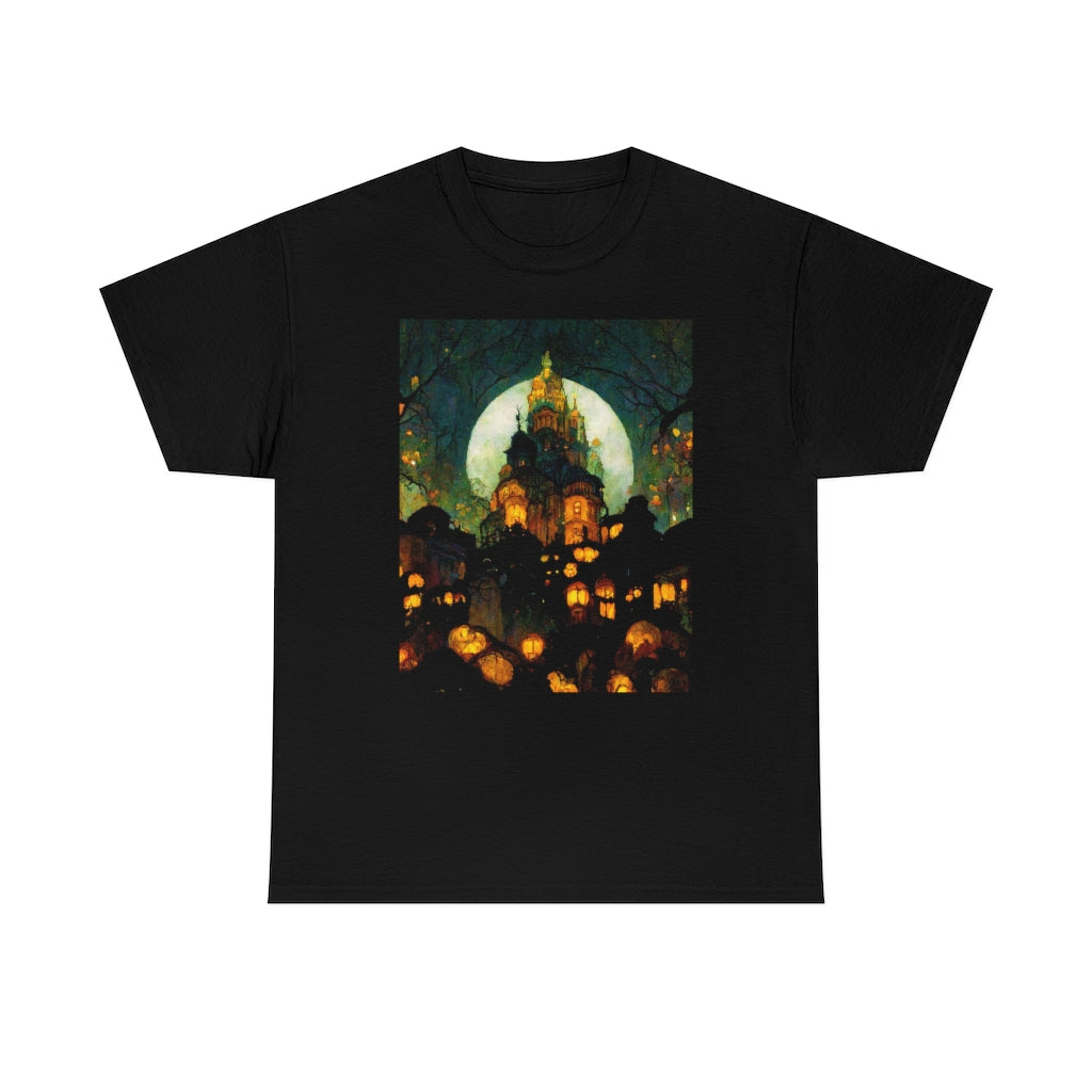 street-level_view_of_halloween_town_at_night_by_alphonse_mucha - Unisex Heavy Cotton Tee