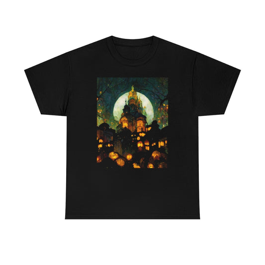 street-level_view_of_halloween_town_at_night_by_alphonse_mucha - Unisex Heavy Cotton Tee