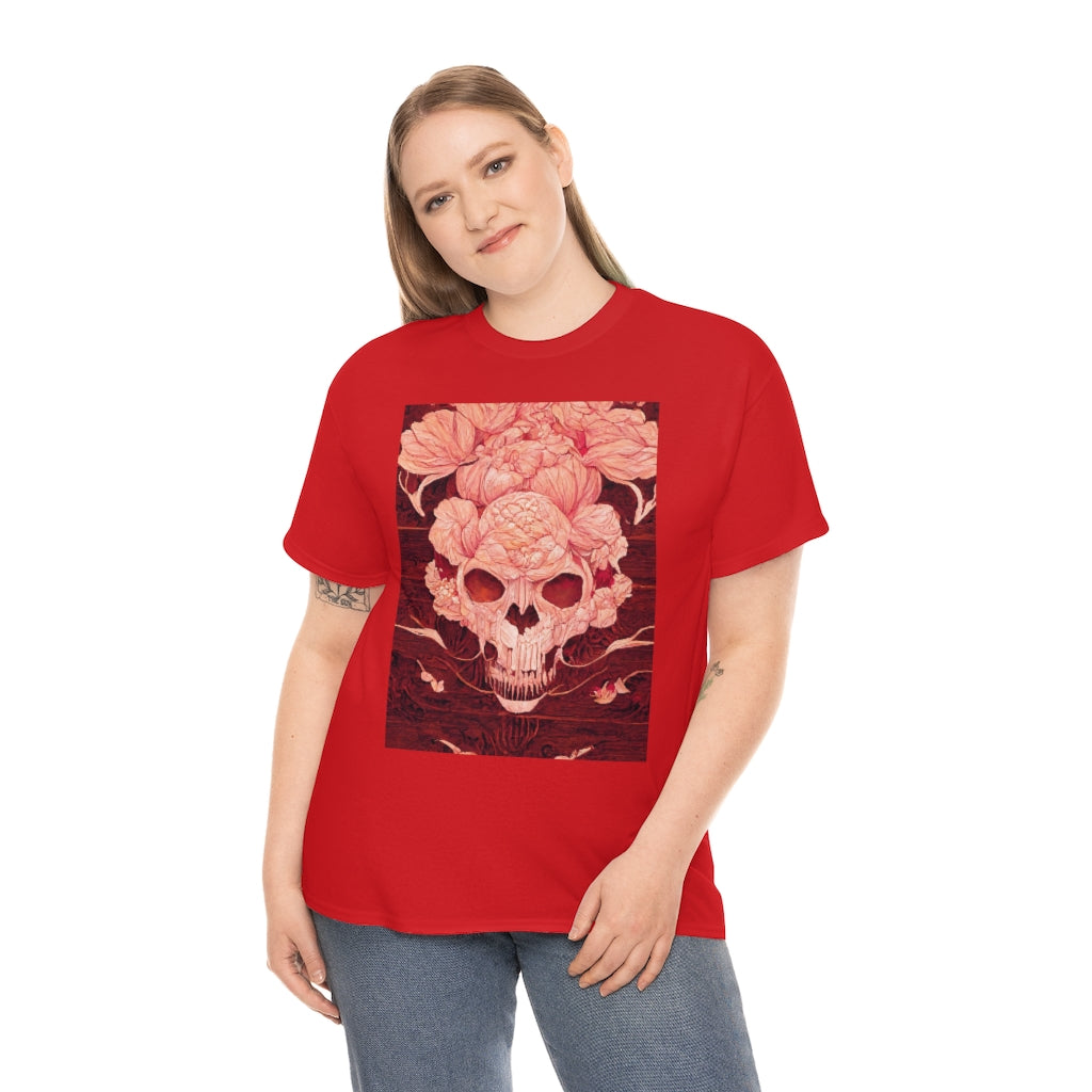 tiling pattern on wood panel of small skulls and vivid roses, gouache illustration - Unisex Heavy Cotton Tee