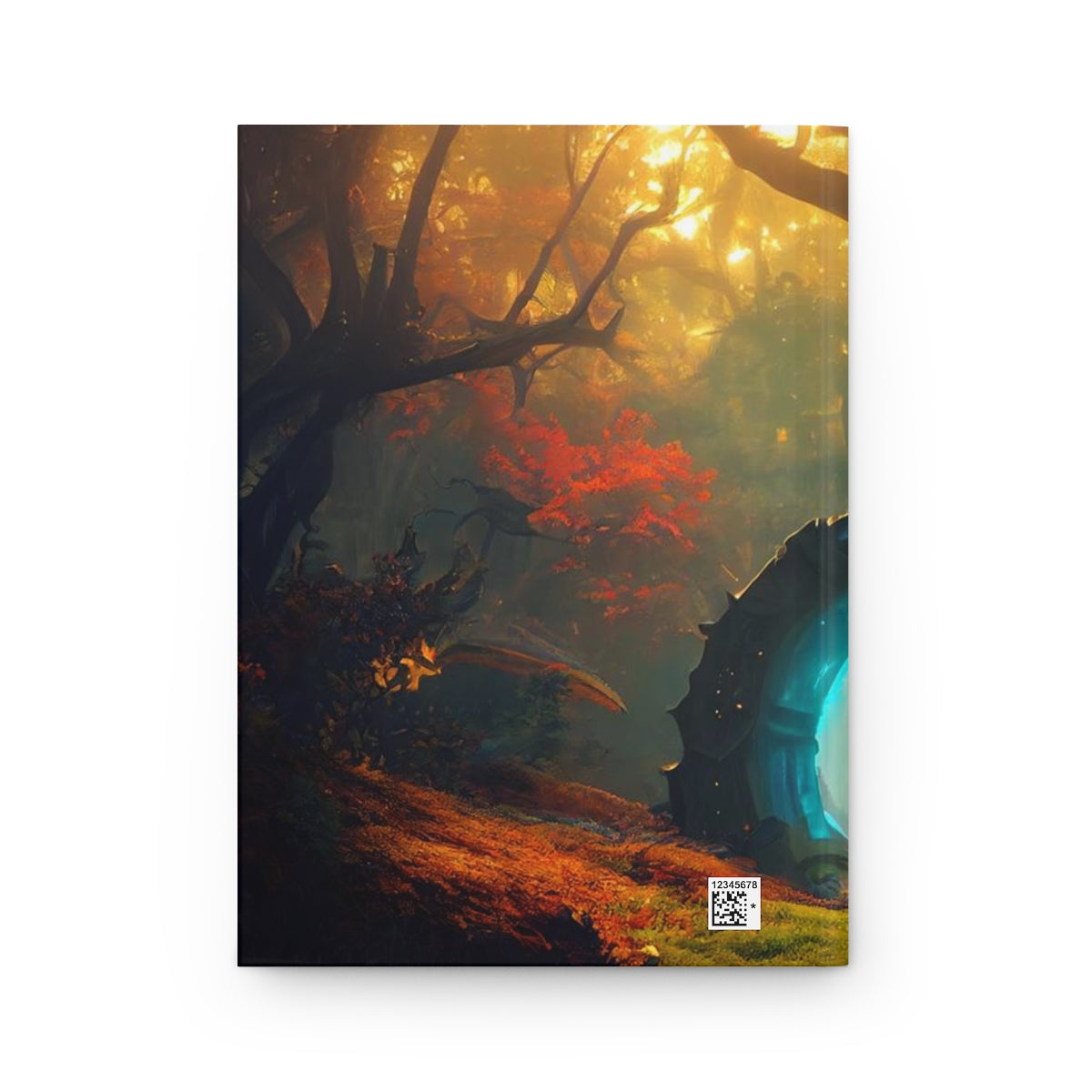 a glowing magical stargate portal, leading from summertime into autumn, in a fantasy fairytale dream forest, hyperdetailed - Hardcover Journal Matte