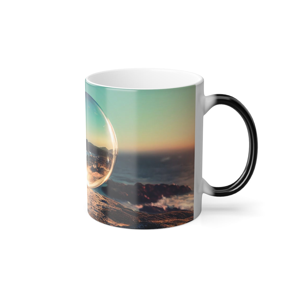 clear spherical bubble houses, set perfectly on top of a rocky shore, beautiful ocean coast -  Color Morphing Mug, 11oz